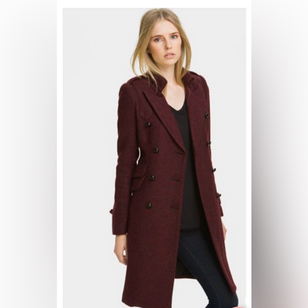 Smythe mid length burgundy double breasted coat
